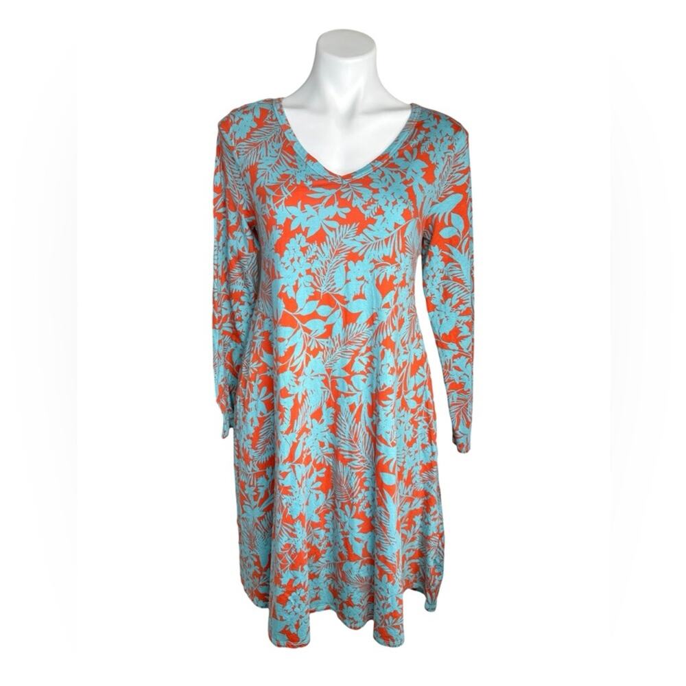 Soft Surroundings Santiago Orange Blue Floral Knit Dress Pockets S